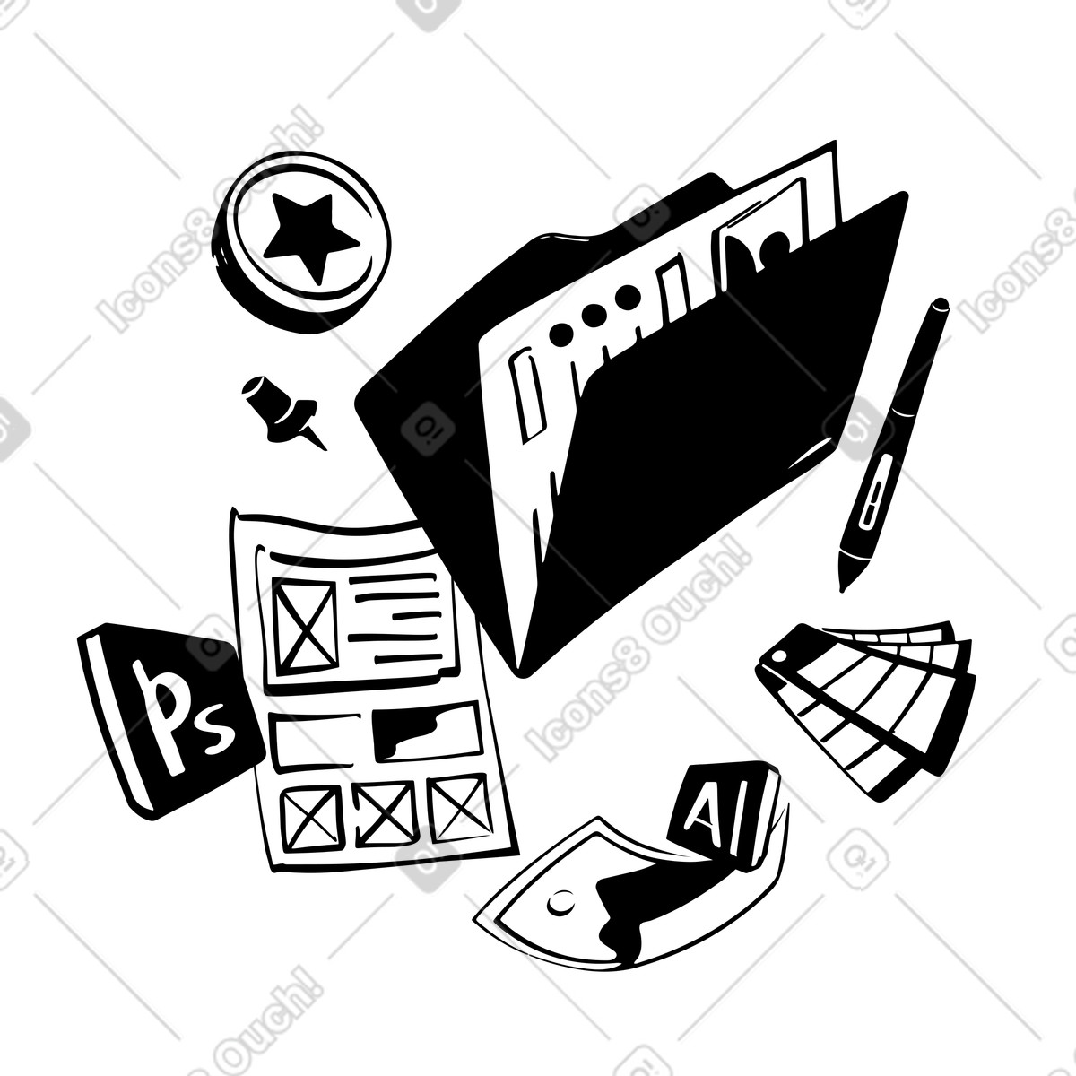 Creative workspace with design tools, Freelance project management illustration in PNG, SVG