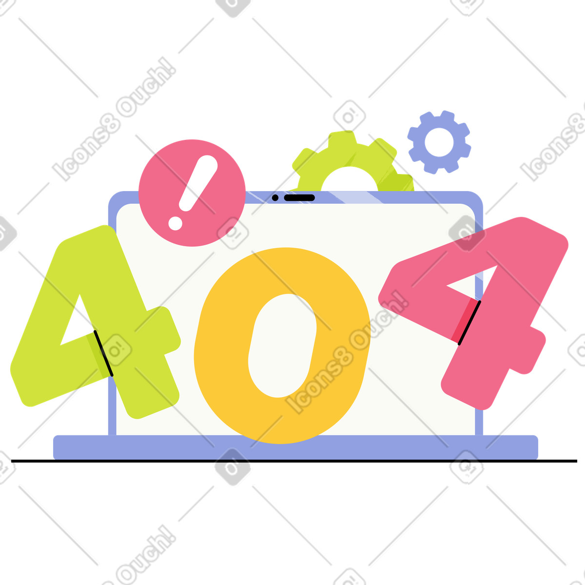 404 error with gears and exclamation, Web maintenance or outage illustrazione in stile Juicy scarica in PNG, SVG