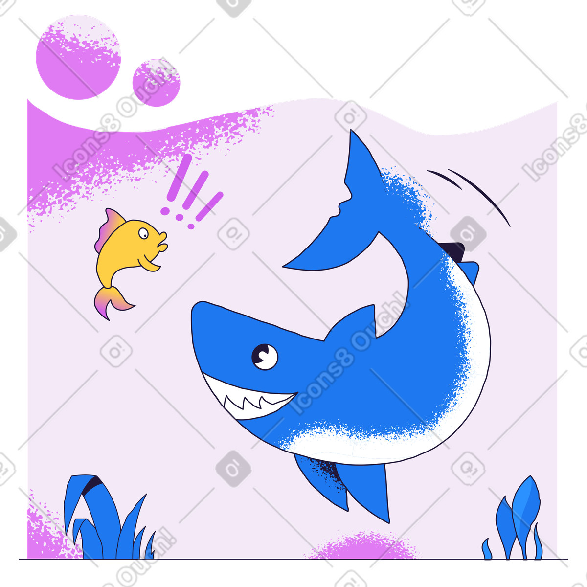 Illustration Shark chasing small fish underwater, Unexpected problem or alert concept dans le style Conifer à télécharger aux formats PNG, SVG