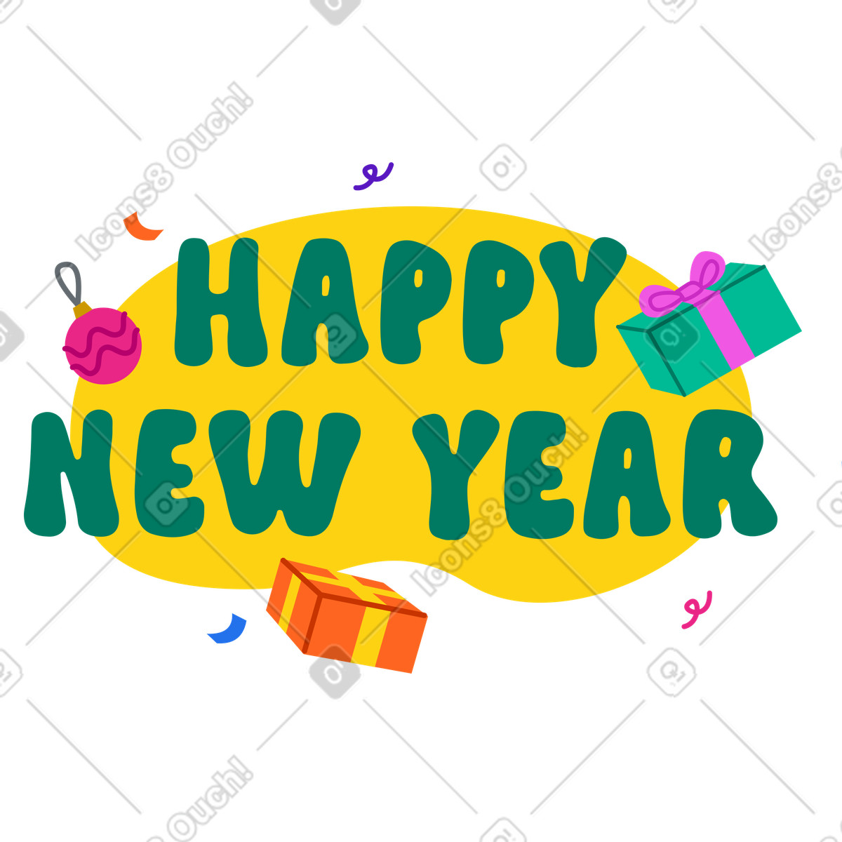 Ilustración Texto feliz año nuevo con letras y cajas de regalo en estilo Active a descargar en PNG SVG