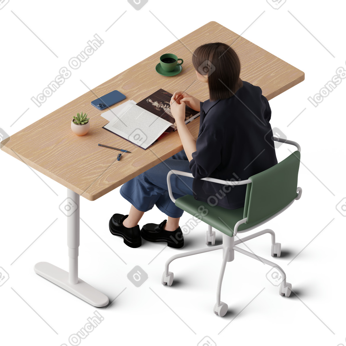 Ilustração de Visão isométrica de uma jovem sentada à mesa e lendo um livro em PNG e SVG