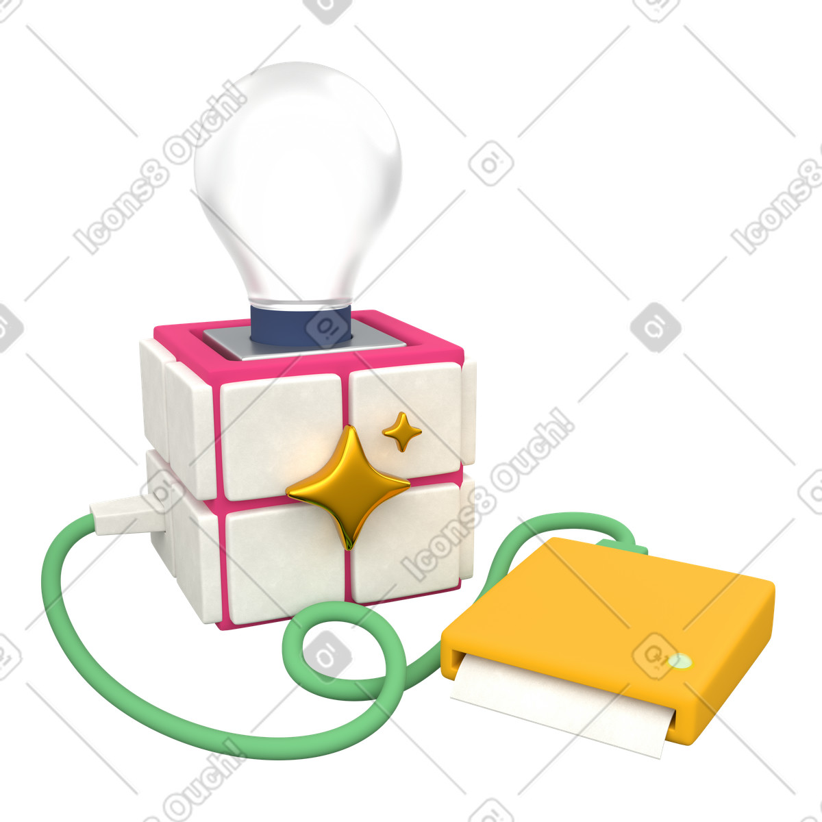 Brainstorming concept lightbulb machine with printed ideas illustration in 3D Grid style download in PNG, SVG