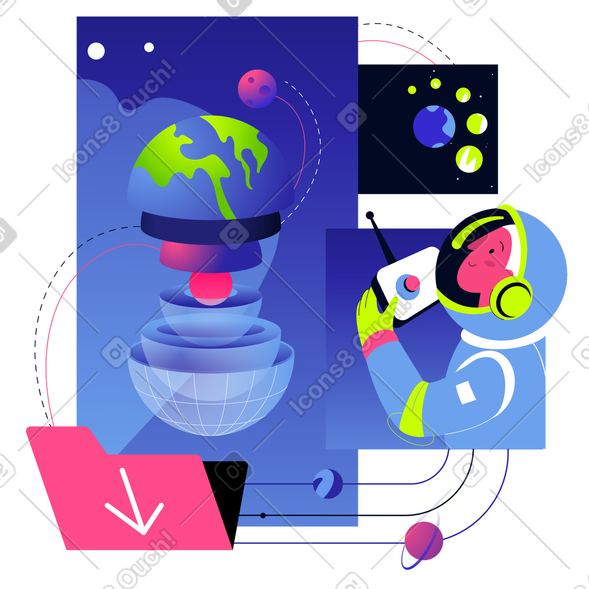 Astronaut with a remote control looks at a diagram of the planet's structure illustration in PNG, SVG