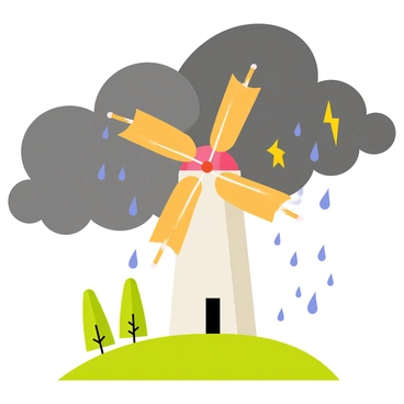 A windmill with large wooden blades stands tall on a grassy hill. Dark gray storm clouds swirl ominously above the windmill, and bright flashes of lightning illuminate the scene. The windmill's structure is painted white, contrasting against the dark sky. Rain pours down in thick sheets, creating splashes on the ground. The blades of the windmill are angled as if bracing against the powerful winds, while a few scattered trees bend under the force of the storm.
