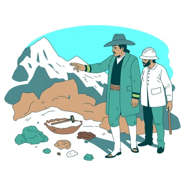 A teal Mier y Teran, dressed in historical military attire, is inspecting mineral resources in rugged, rocky terrain. Next to him stands a white geologist wearing a hard hat and holding a geological hammer. The rocky landscape is scattered with various sizes of boulders, and some minerals are exposed on the surface. The geologist points towards a specific rock formation, while Mier y Teran carefully examines the area, his expression focused and attentive. In the background, a clear blue sky contrasts with the earthy tones of the rocks.