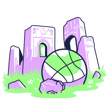 A basketball is resting on the ground among ancient ruins. It is situated in the middle of a field of large, weathered stone structures that rise majestically into the sky. The ruins are composed of massive blocks, some partially collapsed, showing intricate carvings and textures indicative of a long-lost civilization. Weeds and grasses are growing around the stones, giving a sense of nature reclaiming the area. The scene is bathed in soft light filtering through gaps in the structures, creating a contrast between the organic elements and the enduring stone remnants.