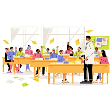 A classroom filled with a diverse group of students sitting at wooden desks. The students are engaged, some raising their hands, while papers are scattered across the floor. Several "paper airplanes" are soaring through the air, gliding above the students. Bright sunlight streams through large classroom windows, highlighting the "colorful bulletin boards" decorated with educational materials. "Books and notebooks" are open on the desks, and a teacher is standing at the front, observing the lively scene.