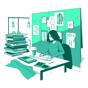 A teal designer sits at a large, cluttered table in a creative workspace, surrounded by various fashion books stacked haphazardly. The table is covered with an array of colorful fabric samples, some draped over the edges. On the wall behind, there are mood boards featuring sketches and fabric swatches. The designer is focused on sketching a new outfit, with a pencil in hand and a notebook open in front. A white light illuminates the space, casting soft shadows around the room, enhancing the atmosphere of creativity.
