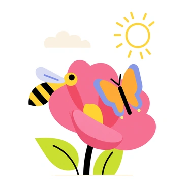 A cartoon-style illustration of a bee and a butterfly interacting on a colorful blossom. The bee is depicted with bright yellow and black stripes, hovering near the flower with its wings spread wide. The butterfly is shown in vibrant hues of blue and orange, perched delicately on a petal. The blossom is large and pink, with green leaves surrounding it. The background features a sunny sky with a few fluffy white clouds, enhancing the cheerful atmosphere of the scene.