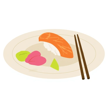A delicious mackerel sushi roll placed on a round ceramic plate. The sushi roll is neatly sliced into pieces, revealing the glossy, marbled texture of the mackerel. The plate has a subtle pattern in earthy tones. Next to the sushi, there are small piles of green wasabi and pink pickled ginger. A pair of wooden chopsticks rests beside the plate, ready for use.