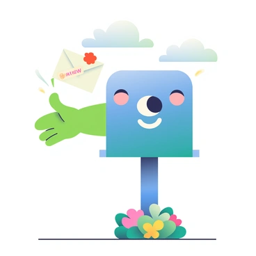 A whimsical mailbox with a bright blue exterior stands prominently in the foreground. The mailbox has a playful design, featuring cute cartoonish eyes and a smile. An animated arm with a vibrant green color extends from the mailbox, reaching out towards a floating envelope that glows with a soft yellow light. The envelope is adorned with a red wax seal and has a small “new” tag attached to it. Surrounding the mailbox are colorful flowers with varied shapes and sizes, adding to the whimsical atmosphere. In the background, there is a clear blue sky with fluffy white clouds, enhancing the cheerful scene.