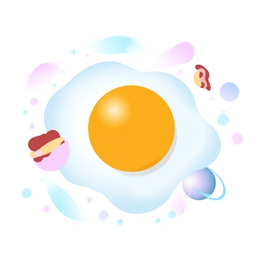 A fried egg is positioned in the vastness of space, resembling a planet. The egg is captured in a way that highlights its sunny yellow yolk at the center, surrounded by a white ring that mimics clouds. Stars twinkle in the background, creating a deep contrast against the vibrant colors of the egg. Nearby, there are small, colorful planets that resemble various breakfast foods, such as toast and bacon, orbiting around the fried egg. The entire scene is enveloped in a gradient of pastel colors, blending soft hues of pink, blue, and purple.