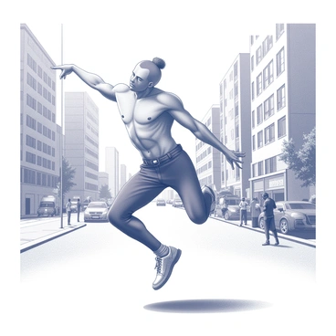 A muscular dancer is in mid-air executing a breakdance move on a city street. The dancer is captured in a dynamic pose, showcasing strength and agility. The background features urban elements such as tall buildings, parked cars, and a distant view of traffic, creating a lively city atmosphere. The pavement is visible beneath the dancer's feet, and there are scattered onlookers watching the performance with interest. The scene is filled with energy and movement, highlighting the dancer's athletic physique and skill.