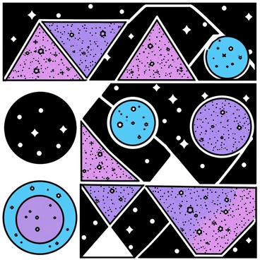 A series of geometric shapes, including triangles, circles, and squares, are filled with intricate cosmic textures showcasing vibrant colors like purples, blues, and pinks. These shapes are arranged in a balanced composition, overlaying a dark night sky. The night sky is dotted with numerous stars, creating a sense of depth and vastness. Galaxies swirl in the background, enhancing the cosmic theme. Each shape contrasts with the starry sky, drawing the viewer's eye across the entire image.