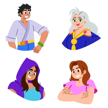 A series of character portraits featuring the main protagonists, each displayed against a plain background. The first character is a tall, strong warrior with short, tousled black hair and determined blue eyes. He has an intense expression, showcasing his dedication to battle. The second character is a clever mage with long, flowing silver hair and bright green eyes. She wears an intricate robe adorned with mystical symbols and has a playful yet confident smirk on her face. The third character is a stealthy rogue with a hood covering her dark hair and sharp brown eyes peering from the shadows. She has a mischievous grin, suggesting her knack for trouble. The final character is a gentle healer with wavy chestnut hair and warm amber eyes, giving a soft smile that radiates kindness. Each portrait captures their unique traits and expressions vividly.