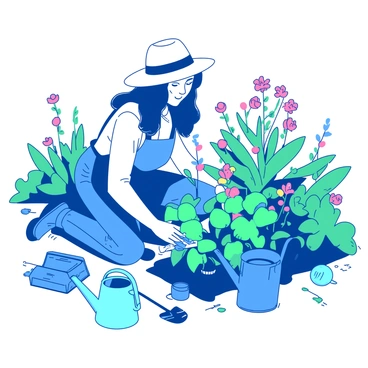 A blue gardener wearing a straw hat is kneeling on the ground, tending to a variety of green plants in a vibrant garden. The garden is filled with blooming flowers in shades of pink and yellow. There are various gardening tools scattered around, including a small spade and watering can. The gardener's face shows a look of satisfaction as they carefully prune a flowering plant with a pair of shears. Sunlight filters through the leaves, casting gentle shadows on the ground.