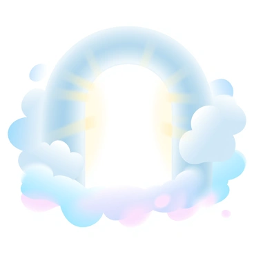 A large majestic gate made of fluffy clouds is opening in the sky. The clouds are white and soft, illuminated by radiant light streaming through the gap. The light has a golden hue, casting gentle highlights on the surrounding clouds. Below the gate, the sky transitions into gradient pastel colors, blending soft pinks, blues, and purples. The scene evokes a sense of wonder and tranquility as the light filters through the clouds.