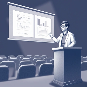 A scientist stands confidently at a podium in a dark auditorium. The scientist, wearing a lab coat and glasses, faces an unseen audience while gesturing towards a large screen displaying graphs and data. A single spotlight illuminates the scientist, casting a strong contrast against the surrounding darkness of the room. The background features rows of empty chairs, suggesting a formal lecture setting. The scientist's facial expression conveys enthusiasm and determination as they engage with their material.