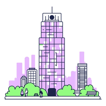 A towering skyscraper with a reflective glass facade dominates the image. The building features numerous rectangular windows that catch the light. At the base of the skyscraper, there is an open plaza with a few people walking, and some benches arranged for seating. In the background, the city skyline is visible with several other buildings of varying heights and designs. The sky stretches above, filling in the scene with a sense of vastness.