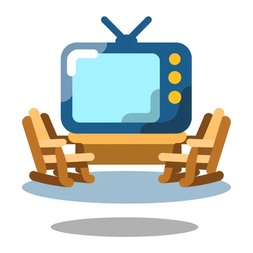 A vintage television set on a porch displaying a classic movie, surrounded by wooden rocking chairs arranged in a circle.