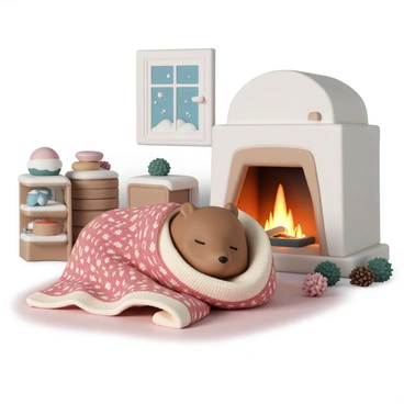 A capybara, with a soft brown fur coat, is snugly wrapped in a thick, knitted blanket with intricate patterns. The blanket is a blend of warm colors like red and cream. The capybara is resting comfortably with its eyes half-closed, exuding a sense of warmth and contentment. In the background, a fireplace with glowing embers casts a soft orange light, illuminating the room. The surrounding area features rustic wooden furniture and a subtle scattering of pine cones. A window shows a gentle snowfall outside, enhancing the cozy winter evening atmosphere.