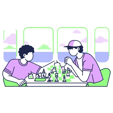 Two friends are seated at a small table on the deck of a cruise ship, engaged in a game of chess. One friend, with curly hair, leans forward, studying the board intently. The other friend, wearing a baseball cap, places a piece on the board, showing a look of concentration. The chess set is made of intricately carved pieces, featuring a distinct design. In the background, large windows reveal the ocean and a distant horizon, while a gentle breeze ruffles the friends' clothing. A small stack of snacks is placed beside them on the table, adding to the casual atmosphere.