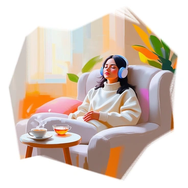 A woman with medium skin tone and long, wavy black hair is sitting comfortably in a plush armchair. She is wearing a cozy, oversized sweater and has her eyes closed, enjoying the music. Large headphones sit securely over her ears, and a small side table beside her holds a steaming cup of tea. The room has soft, warm lighting, and a few scattered cushions add to the comfort of the scene. A vibrant houseplant can be seen in the background, bringing a touch of nature to the cozy atmosphere.