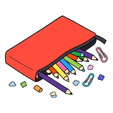 A vibrant pencil case with a bright red exterior is shown on a white surface. The zipper is open, and a variety of colored pencils in different lengths and shades are spilling out onto the surface. Among the colored pencils, there are several small erasers in various shapes, including a star and a cloud, along with a handful of shiny metallic paperclips of different colors. The surrounding area is scattered with a few loose sheets of colorful paper.