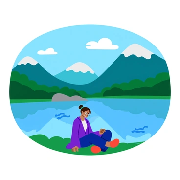 A person sitting cross-legged at the edge of a calm lake, with a serene expression on their face. They are dressed in comfortable, loose-fitting clothing. The lake reflects the clear blue sky and the surrounding mountains, which rise majestically in the background. The mountains are depicted with soft, rounded peaks, conveying a sense of stability and tranquility. Lush green trees line the shore of the lake, and a gentle breeze causes small ripples to form on the water's surface. A few soft, fluffy clouds float in the sky above, enhancing the peaceful atmosphere.