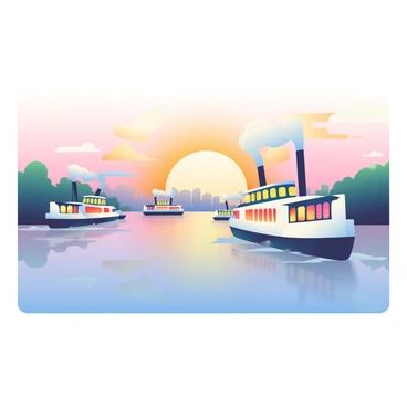 A scene features multiple steamboats traveling on the Mississippi River during dusk. The boats, painted in white and adorned with colorful accents, are producing puffs of steam from their stacks. The river reflects the fading light, showcasing hues of orange, pink, and purple as the sun sets on the horizon. Silhouetted trees line the banks of the river, and a light fog begins to rise from the water, adding a sense of atmosphere. The sky is filled with wispy clouds catching the last rays of sunlight.