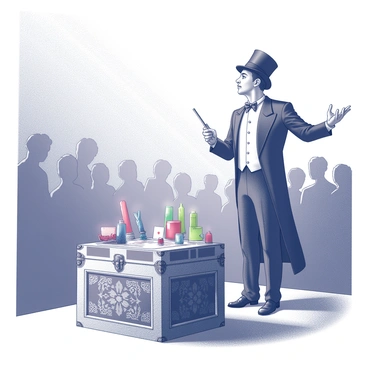 A stage magician stands in front of a captivated audience. He is dressed in a formal black tuxedo with a white shirt and a black bow tie. His top hat rests on his head, and he holds a wand in one hand. In the center of the stage, a large ornate wooden box is positioned, with intricate carvings and ornate patterns. Surrounding the box are colorful props, such as scarves and playing cards. The magician appears focused and dramatic as he gestures towards the box, creating an atmosphere of anticipation among the spectators. Bright spotlight beams illuminate the scene, highlighting the magician and the box, while the audience leans forward, eager to witness the illusion unfold.