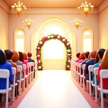 An elegant wedding hall with ornate decorations. Guests are seated in rows of white chairs adorned with delicate ribbons. A stunning floral arch is positioned at the altar, filled with vibrant flowers in shades of pink, white, and green. The hall features chandeliers overhead, casting a warm glow throughout the space. Soft, romantic lighting enhances the atmosphere, creating a lovely setting for the ceremony.