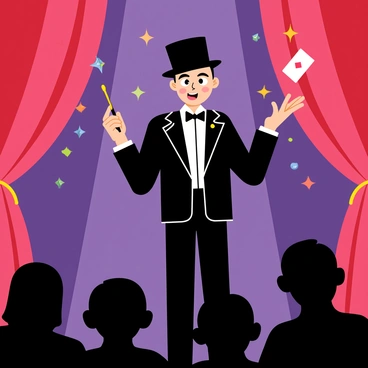 A magician stands confidently on a stage, wearing a classic black tuxedo with a white shirt and a top hat. Colorful sparks burst around him, illuminating the darkened theater. He holds a wand in one hand, while his other hand gestures dramatically, creating an illusion of a floating card. The audience, depicted in silhouettes, gazes in awe, with wide eyes and open mouths, captivated by the performance. A curtain in the background adds depth, draped in rich red fabric.