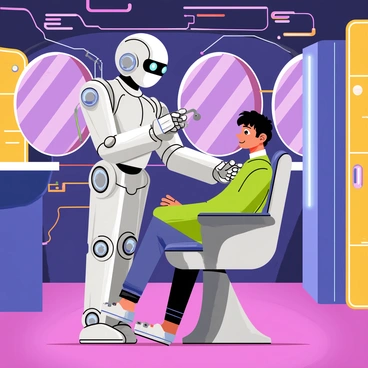 A robot barber with metallic arms is focused on giving a "retro-style" haircut to a customer sitting in a sleek, modern chair. The robot has a shiny silver exterior and glowing blue eyes, equipped with various tools in its hands. The customer, a young man with thick hair, has a relaxed expression as he enjoys the unique experience. Surrounding them, the futuristic salon features bright neon lights, holographic mirrors, and a chic design, creating a vibrant atmosphere filled with advanced technology.