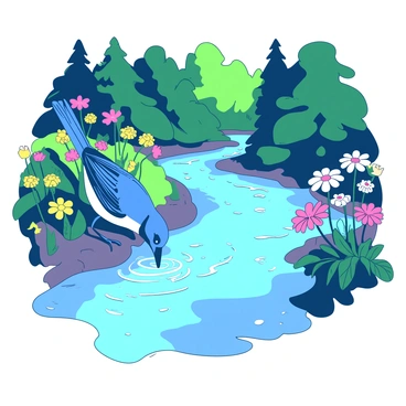 A blue jay with vibrant plumage is perched at the edge of a sparkling river flowing through a lush forest. The water glimmers in the sunlight as the bird bends down to sip from the clear stream. Surrounding the riverbank are various wildflowers in full bloom, showcasing a mix of colors and adding vibrancy to the scene. The trees in the background create a natural frame, providing a sense of depth to the forest environment.