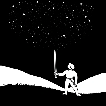 Jeanne d'Arc standing on a grassy hill, her armor glinting softly in the moonlight. She holds a sword pointed upwards, as if reaching for the stars. Surrounding her, ethereal wisps of light swirl in the air, creating a sense of wonder. Above her, a vast starry sky filled with countless stars and constellations illuminates the night. In the distance, faint outlines of a medieval landscape can be seen beneath the celestial display.