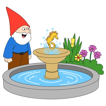 A cheerful garden gnome with a red pointy hat and a blue shirt stands next to a decorative water fountain. His facial expression shows surprise, with wide eyes and an open mouth. In the center of the fountain, a small, vividly colored seahorse with curled tail and fins is playfully splashing in the water. The fountain is surrounded by green plants and colorful flowers, adding vibrancy to the scene. The sunlight casts soft reflections in the water, enhancing the playful atmosphere of the garden.