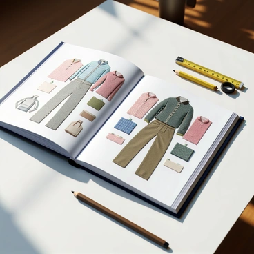 An open sketchbook resting on a designer's table, showcasing detailed Gant clothing designs illustrated with fine lines and vibrant colors. The pages of the sketchbook are filled with various outfits, including shirts, trousers, and jackets, each with fabric swatches pinned next to them. The fabric swatches display a range of textures and colors, including plaid, solid tones, and stripes. The designer's table has a clean surface with a few pencils and a measuring tape scattered nearby, contributing to the creative atmosphere. Natural light illuminates the scene, casting soft shadows across the table.