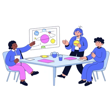 A group of three students is gathered around a rectangular table. The students are absorbed in their work, with one student pointing at a large diagram of a solar system. Another student is holding a small model of a planet, while the third student is writing notes on a piece of paper. Scattered across the table are colorful diagrams, several small models of different planets, and an open textbook. The background is simple and featureless, focusing attention on the students and their project.