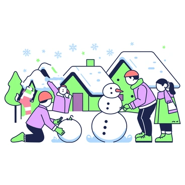 A snowy village scene with several small houses that have sloping roofs covered in snow. In the foreground, a group of children is actively building snowmen. One child wearing a red hat is rolling a large snowball, while another child in a blue scarf is placing a carrot as a nose on a snowman. Beside them, a third child is adding sticks for arms and buttons. In the background, snow-covered trees are scattered around the village, and delicate snowflakes are falling gently from the sky.