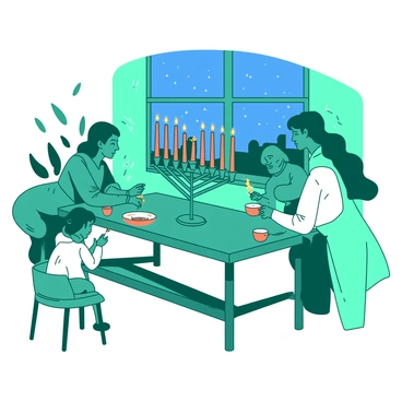 A teal family is gathered around a large wooden table, preparing to light the menorah candles for Hanukkah. The menorah is prominently displayed in the center, featuring a beautiful design with eight branches and a central location for the shamash candle. Each candle is a different shade of orange, some lit while others remain unlit, casting a warm glow. The family members, consisting of a mother, father, and two children, are holding matches as they lean in, focused on the menorah. A festive backdrop of colorful decorations and a starry blue night sky can be seen through the window behind them.