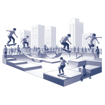 A busy city skatepark filled with teenagers engaged in various skateboarding tricks. Several teens are captured mid-air, showcasing different stunts, such as an ollie, a kickflip, and a grind on the edge of a ramp. The park features various structures, including half-pipes, ramps, and railings, populated with skateboarders and onlookers. People are scattered around, some cheering, while others are resting on benches or chatting. The background showcases towering buildings, suggesting a vibrant urban environment with a sense of energy and activity.