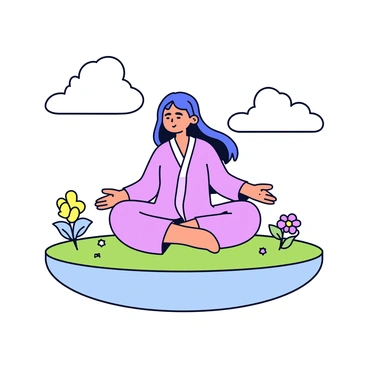 A woman is sitting cross-legged in a meditative pose on a small, circular floating island. The island is covered in lush green grass and has a few colorful flowers scattered across it. Surrounding the island are fluffy white clouds that give the scene a dreamy feel. The woman has long flowing hair and is wearing a simple, flowing robe. Her eyes are gently closed, reflecting a peaceful expression.