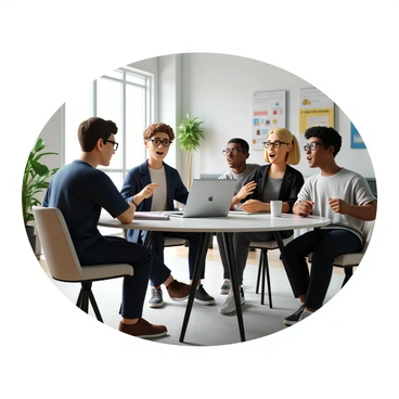 A group of four young entrepreneurs is gathered around a sleek, silver laptop placed on a modern glass table. Two men and two women are engaged in an animated discussion, each displaying expressions of excitement and enthusiasm. One man, with short brown hair and wearing a blue blazer, is pointing at the screen, illustrating a point about their business proposal. The other man, with curly black hair and glasses, is leaning in closer, taking notes on a notepad. One woman, with long blonde hair in a ponytail, is nodding and smiling, while the other woman, with dark skin and shoulder-length hair, is gesturing with her hands, adding her ideas. Bright, natural light is coming in from a nearby window, creating an inviting atmosphere. The background shows a stylish office space with motivational posters and indoor plants.
