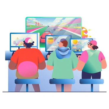 A group of young adults is gathered in an arcade, competing intensely in a car racing game. Each player is focused on their screen, gripping the steering wheels of their arcade machines. There are three players: one with curly hair wearing a red t-shirt, another with a baseball cap and a blue hoodie, and the last with glasses and a green tank top. The arcade is bright with colorful lights from various machines. In the background, a large screen displays a high-speed racing track with vibrant graphics. The atmosphere is filled with excitement and energy as they cheer each other on.