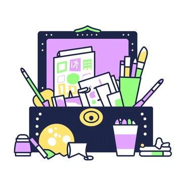 A treasure chest made of dark wood is slightly open, revealing its contents. Inside, there are various art supplies that gleam in the light. There are tubes of vibrant paint, neatly organized, along with an assortment of paintbrushes with colorful bristles standing upright. A set of high-quality sketch pencils lies alongside a stack of exquisite sketchbooks, their covers adorned with intricate designs. Scattered around the art supplies are rolls of fine paper, and a golden palette is resting on one side, partially covered in paint. The chest itself is embellished with ornate carvings and a metal clasp, adding to its allure.