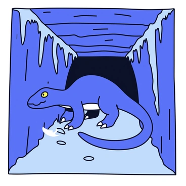 A large prehistoric creature with scaly skin and sharp claws lurks in the shadows of an underground passage. The creature has a long tail that curves around the rocky walls, and its eyes glow faintly in the dim light. The passage is narrow, with rough stone walls covered in patches of moss. Stalactites hang from the ceiling, and a thin mist swirls around the creature's feet, adding an air of mystery to the scene.
