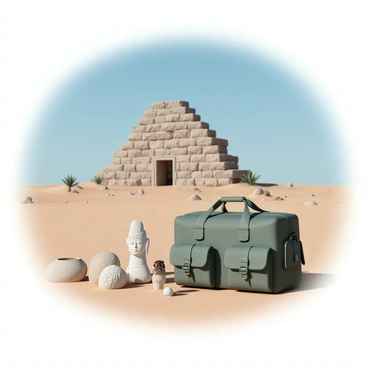 A travel bag, made of durable fabric with multiple pockets and straps, is placed on the sandy ground. Next to the bag, there are several replicas of cultural artifacts, including a small statue, a decorative pottery piece, and a traditional mask, all showcasing intricate details. In the background, an ancient ruin made of weathered stone blocks rises against the clear blue sky. The surrounding desert features scattered rocks and sparse vegetation, highlighting the arid environment. The scene conveys a sense of exploration and discovery among historical treasures.