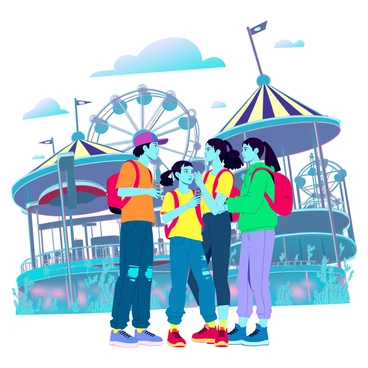 A group of four kids, two boys and two girls, are exploring an abandoned amusement park. They are dressed in colorful casual clothing, with one boy wearing a blue cap and the other sporting a red backpack. The girls have ponytails, one wearing a yellow t-shirt and the other dressed in a bright green hoodie. They are gathered around an old, rusted compass, which one of the boys is holding up while the others look on with curious expressions. The background features overgrown weeds, faded carnival rides, and peeling paint on the structures, creating an atmosphere of adventure and discovery. The sky above is slightly cloudy, enhancing the mysterious vibe of the scene.