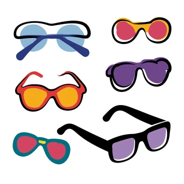 A variety of sunglasses with different shapes, patterns, and colorful lenses and frames arranged in a collage on a flat surface.